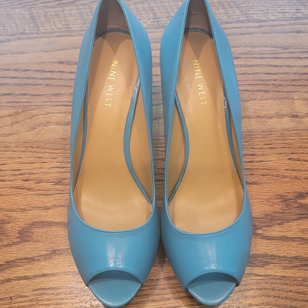 Nine West Turquoise Blue Genuine Leather Peep Toe Sandals Shoes Heels